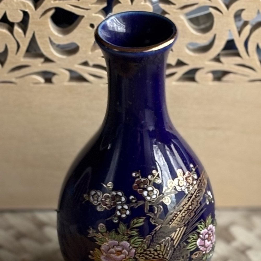 Cobalt  Blue Ceramic Vase with Floral Design
Japan
